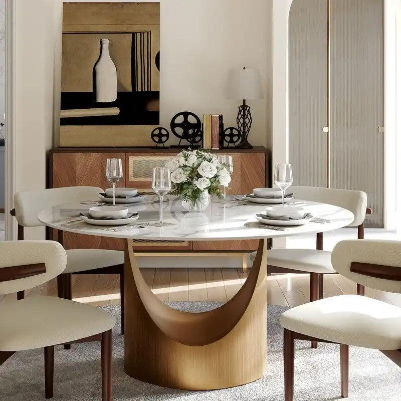 Table à manger ronde moderne avec plateau en pierre brillante blanche et piédestal en bronze
