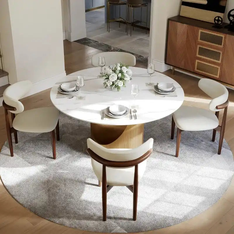 Table à manger ronde moderne avec plateau en pierre brillante blanche et piédestal en bronze