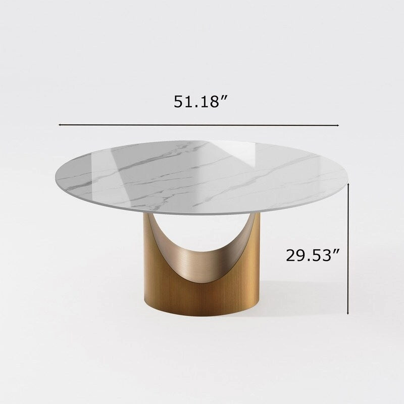 Table à manger ronde moderne avec plateau en pierre brillante blanche et piédestal en bronze