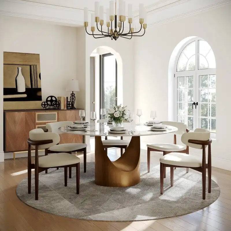 Table à manger ronde moderne avec plateau en pierre brillante blanche et piédestal en bronze