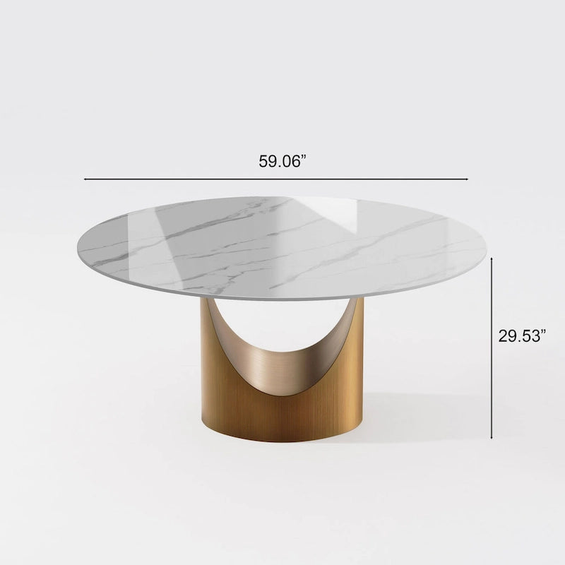 Table à manger ronde moderne avec plateau en pierre brillante blanche et piédestal en bronze