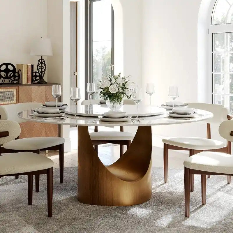 Table à manger ronde moderne avec plateau en pierre brillante blanche et piédestal en bronze