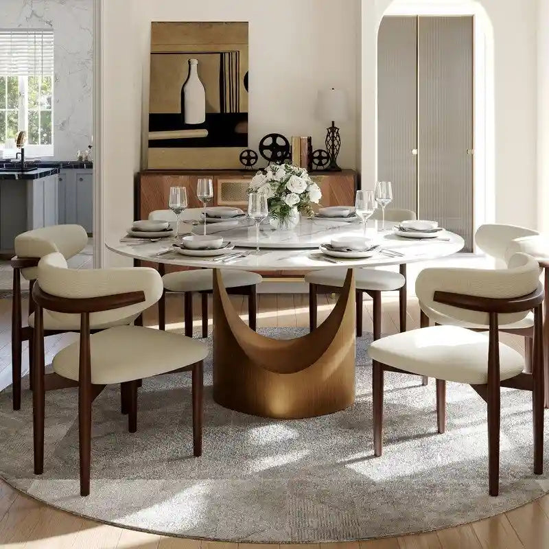 Table à manger ronde moderne avec plateau en pierre brillante blanche et piédestal en bronze