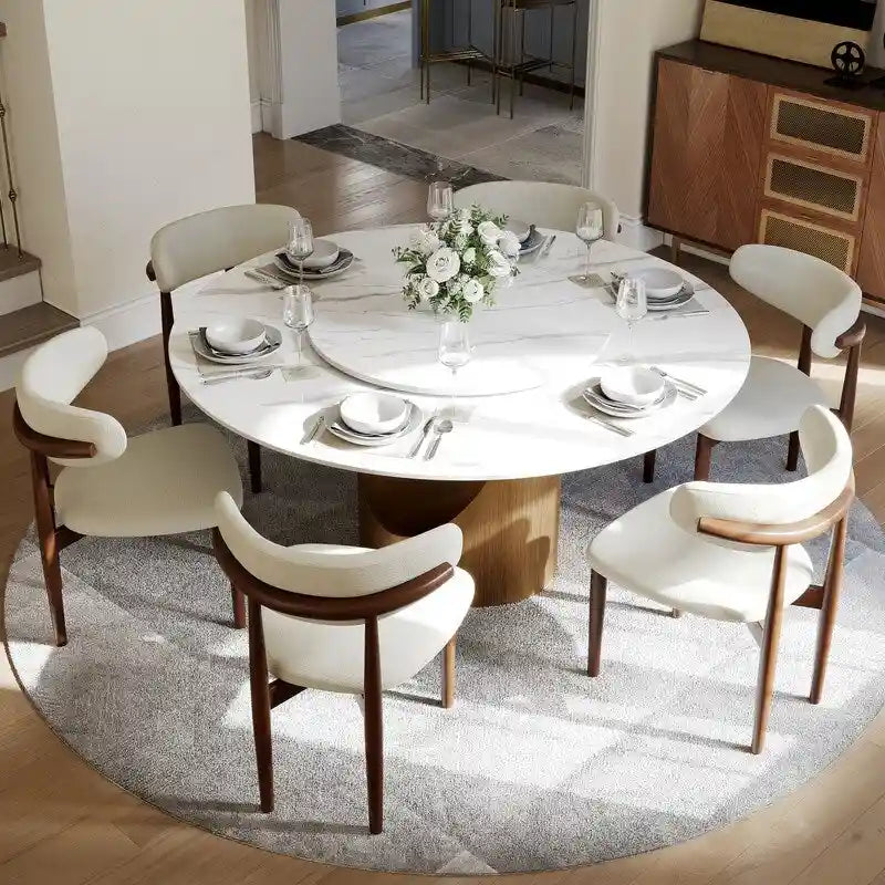 Table à manger ronde moderne avec plateau en pierre brillante blanche et piédestal en bronze