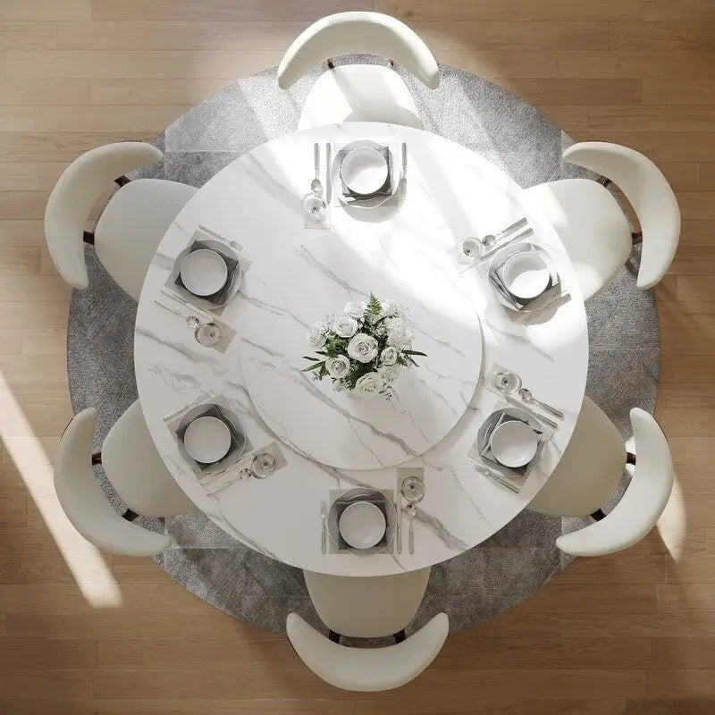 Table à manger ronde moderne avec plateau en pierre brillante blanche et piédestal en bronze