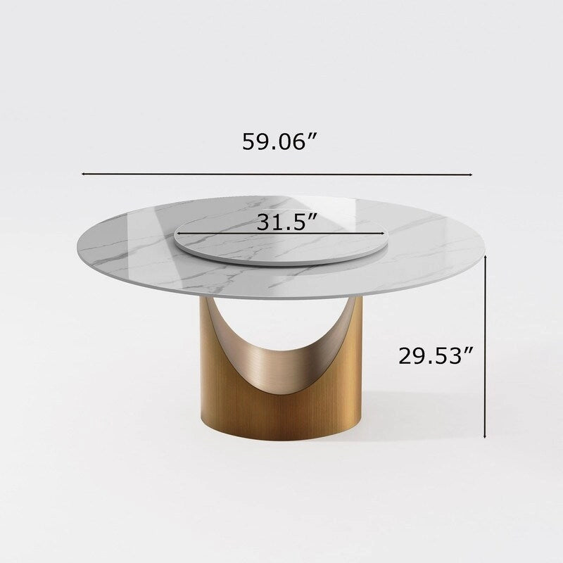 Table à manger ronde moderne avec plateau en pierre brillante blanche et piédestal en bronze