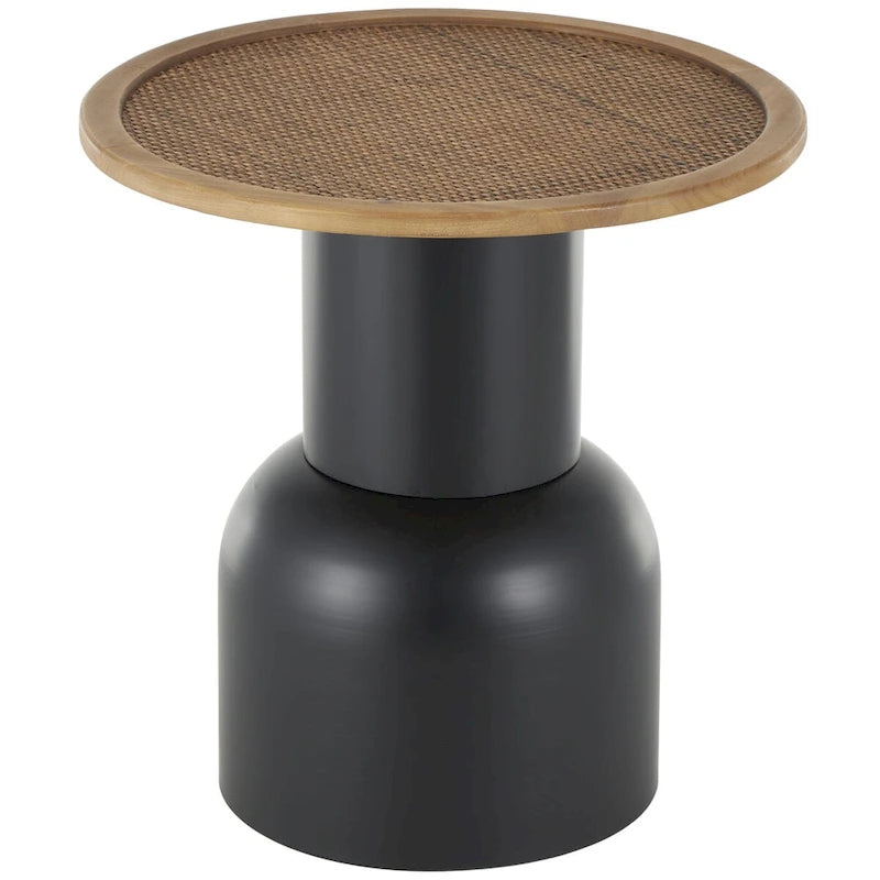Metal Handmade Pedestal Side End Accent Table with Brown Rattan Tabletop - Black - Roche River Decor